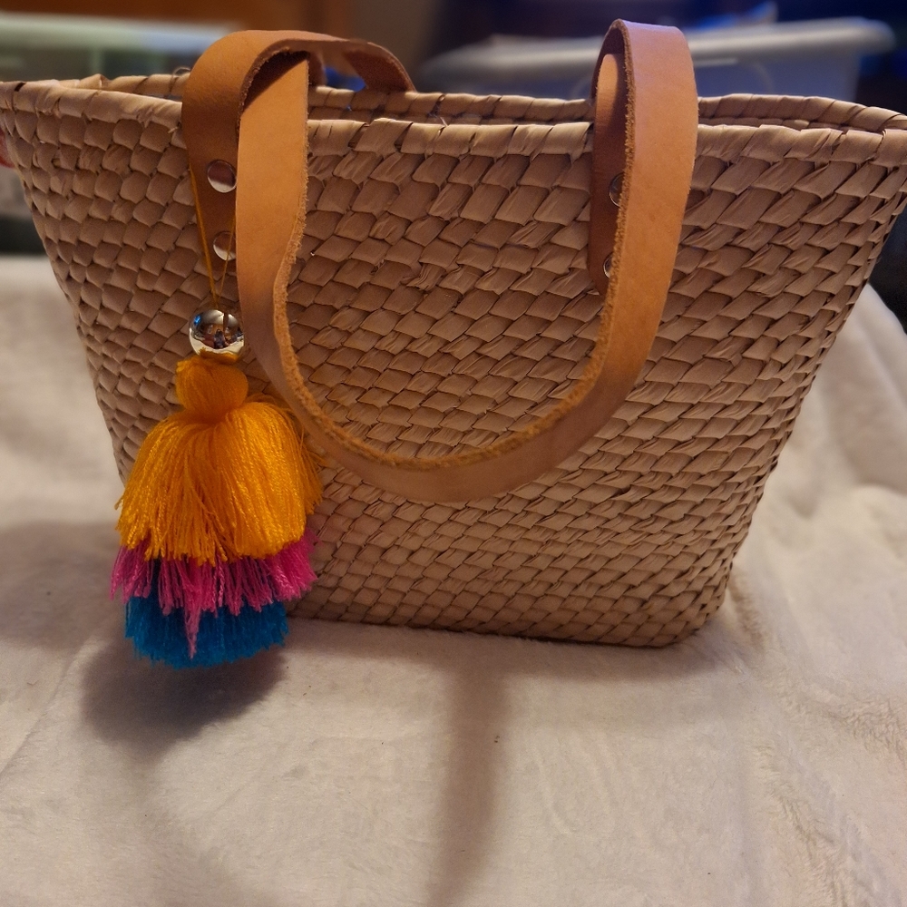 Stylish Tan Woven Tote Bag with Colorful Tassel